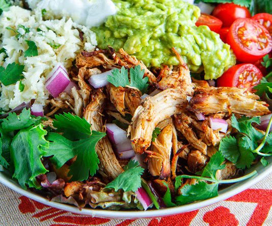 Chicken Carnitas Burrito Bowl with Cilantro Lime Cauliflower Rice