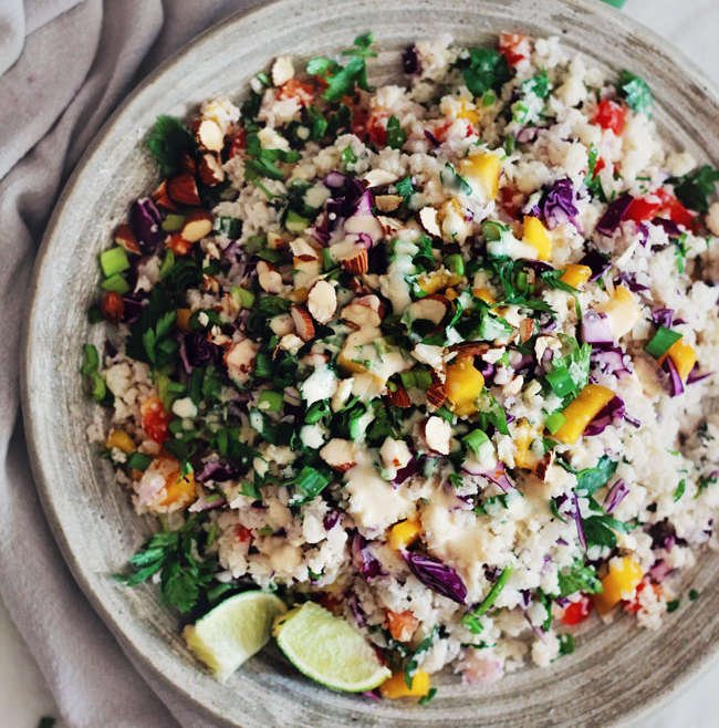 Thai Cauliflower Rice Salad with Peanut Butter Sauce