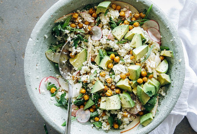 Cauliflower And Roasted Garbanzo “Rice And Peas” With Avocado, Apples & Herbs